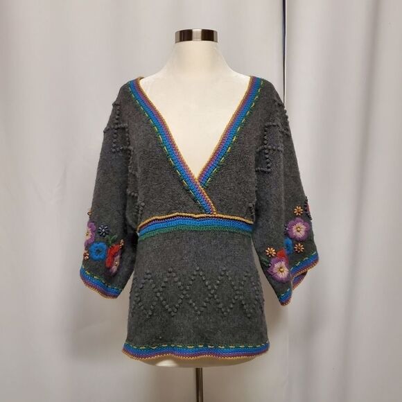 Vintage 70s Boho Wool Angora Rabbit Blend Floral Beaded Embroidered Sweater Lg - Picture 1 of 10